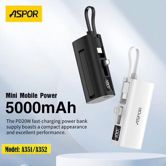 Aspor A351/A352 5000mAh Mini Pocket Power Bank PD 20W Fast Charging With Digital Display, Mobile Holder, IPhone & Type C Support